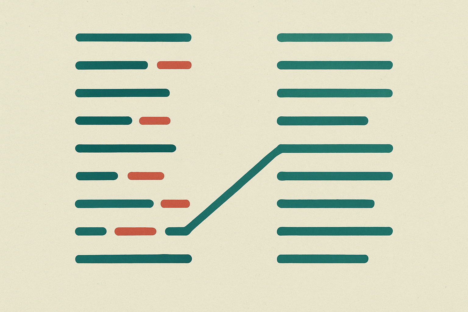 Two columns of ledger entries with red exceptions on the left settling into one clean reconciled column